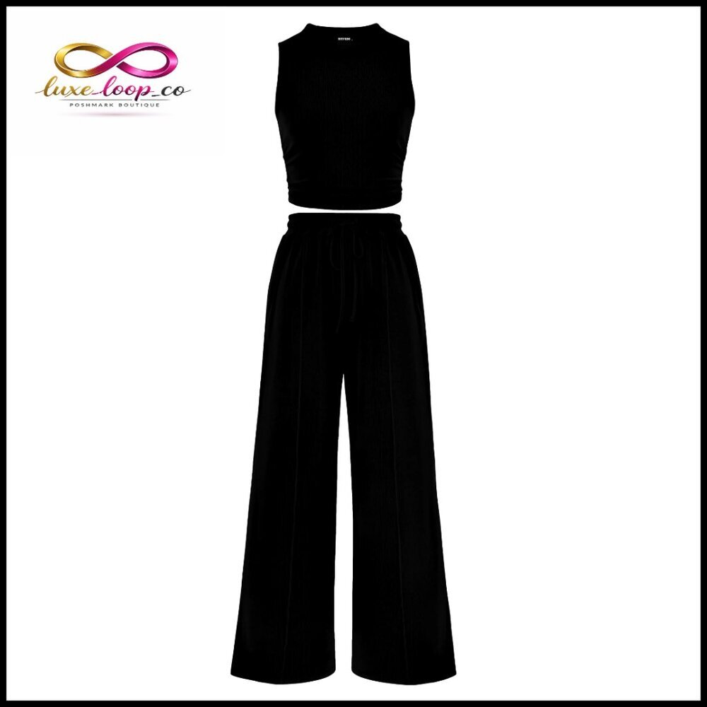 Ribbed Crop Top and Wide Leg Pants Lounge Set, Medium, Polyester Blend